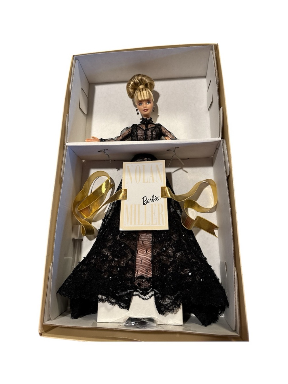 Nolan Miller Barbie in Black Lace Gown with Gold Ribbon Accents
